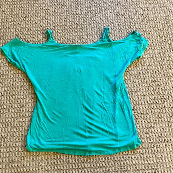 Candies Womens Cold Shoulder Blouse Crew Neck Short Sleeve Size M Green - Picture 5 of 5